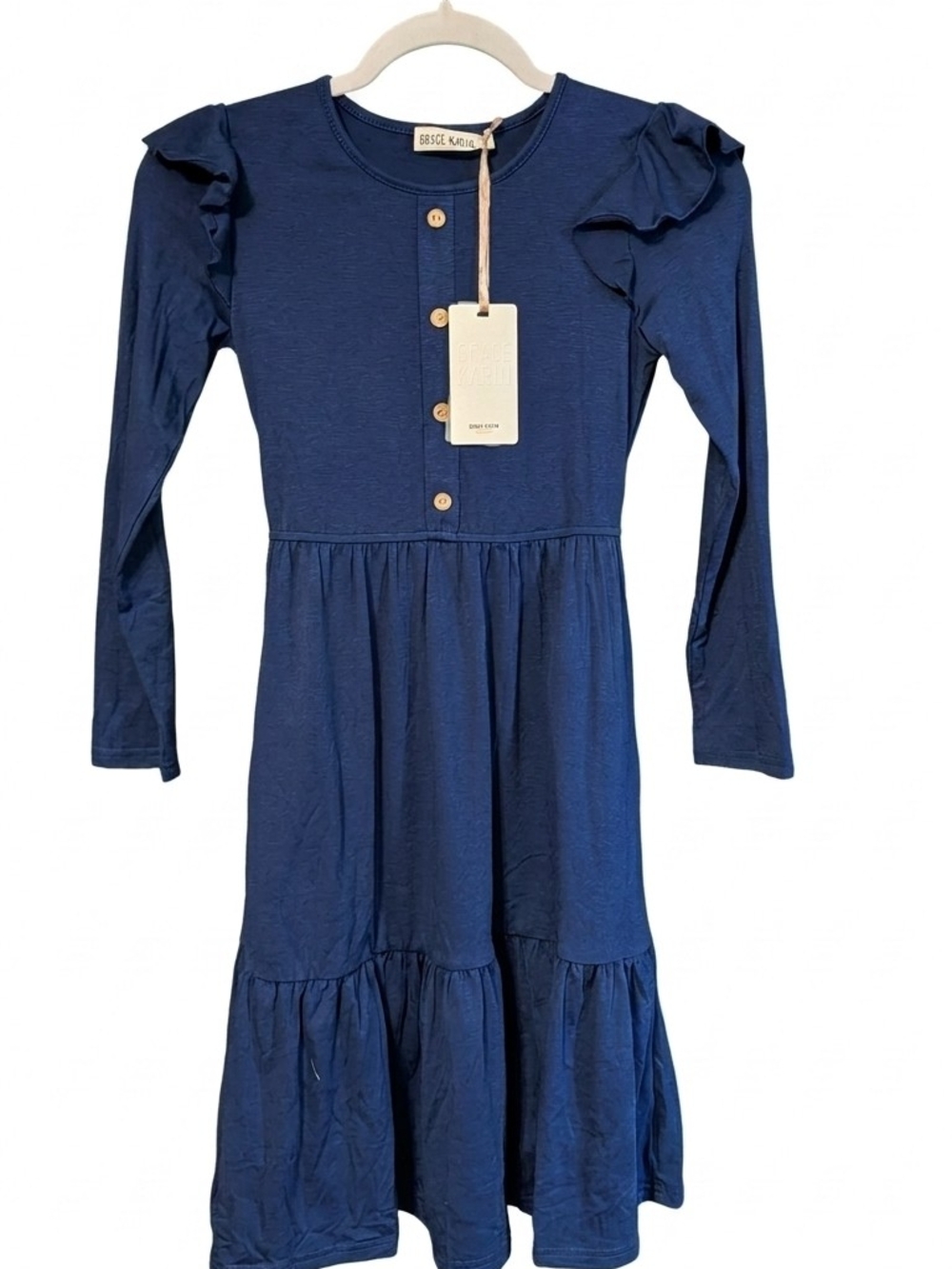 NWT Grace Karin Girls 10Y Navy Blue Ruffle Long Sleeve Tiered Dress